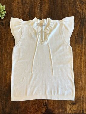 LOFT | White Flutter Cap Sleeve Ruffle Neck Tie Sweater Vest, Size SP, NWT